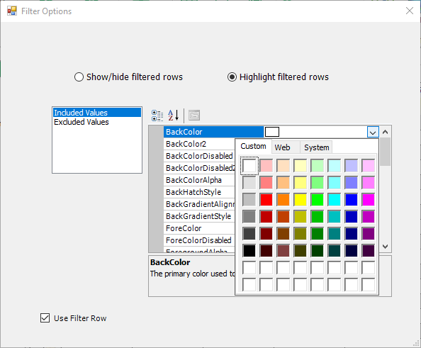 Filter Options Preference Menu with BackColor Palette Displayed